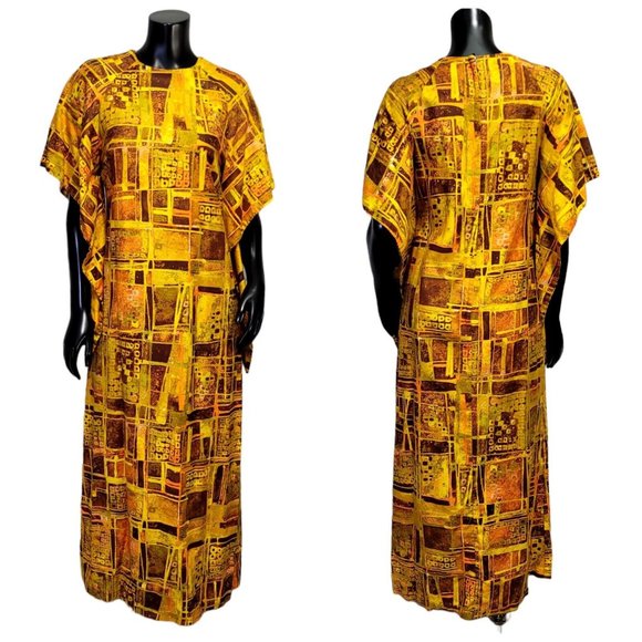 Vintage Made in Hawaii XS Hawaiian Wing Sleeve Abstract Geo Pattern Hostess Gown - Picture 1 of 12